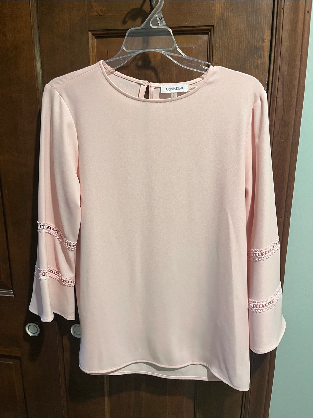 Calvin Klein Pale Pink Crochet-Trim Bell Sleeve Blouse